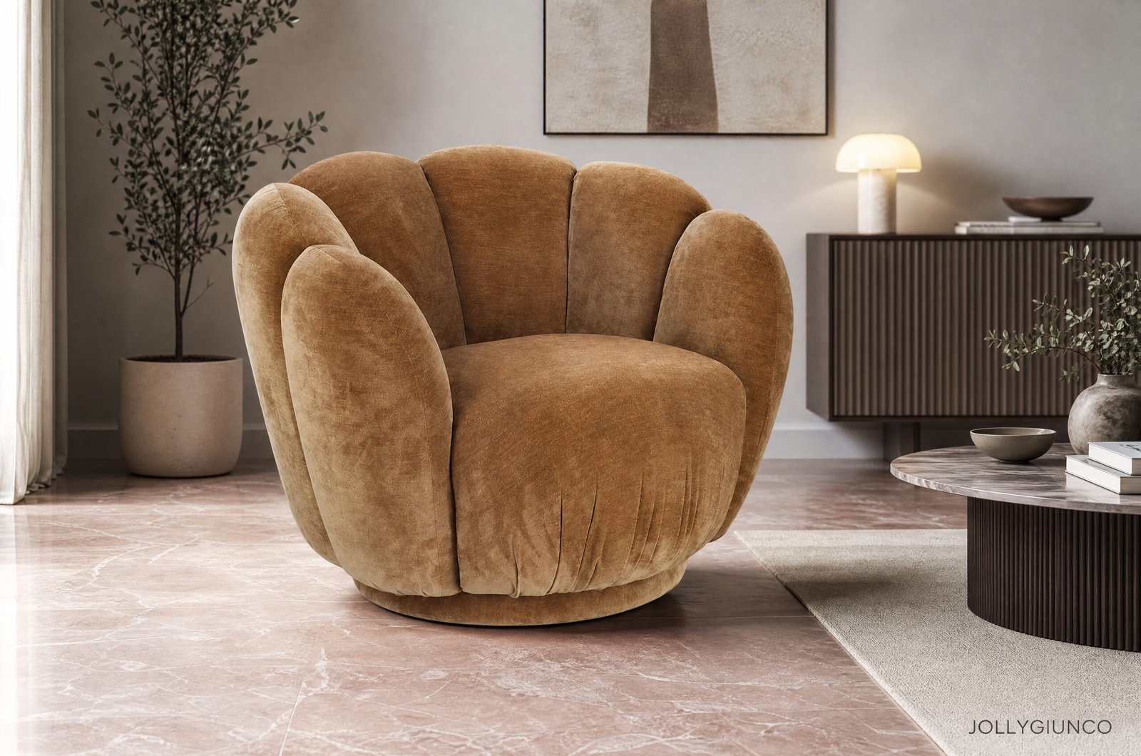 POLTRONA TULIP CATHAY 10 - JOLLYGIUNCO A large rounded brown velvet chair in a modern living room with a marble floor and neutral decor.