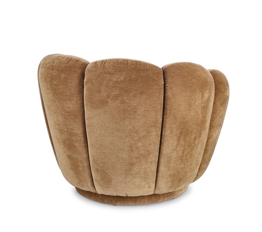 POLTRONA TULIP CATHAY1 - JOLLYGIUNCO Brown velvet upholstered club chair with a rounded, segmented back and circular base, designed for lounging in a living room.