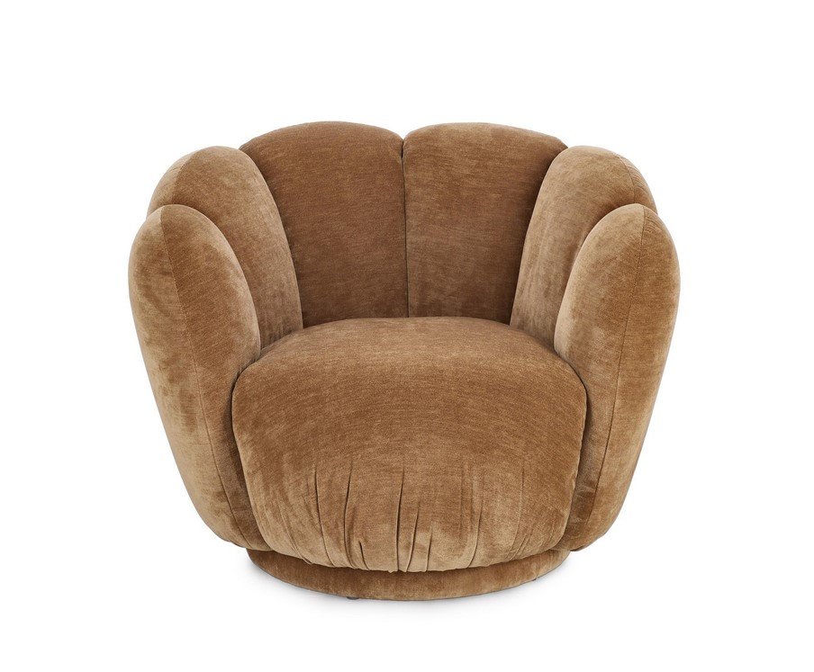 POLTRONA TULIP CATHAY2 - JOLLYGIUNCO Brown velvet round lounge chair with oversized curved armrests and cushioned seat.