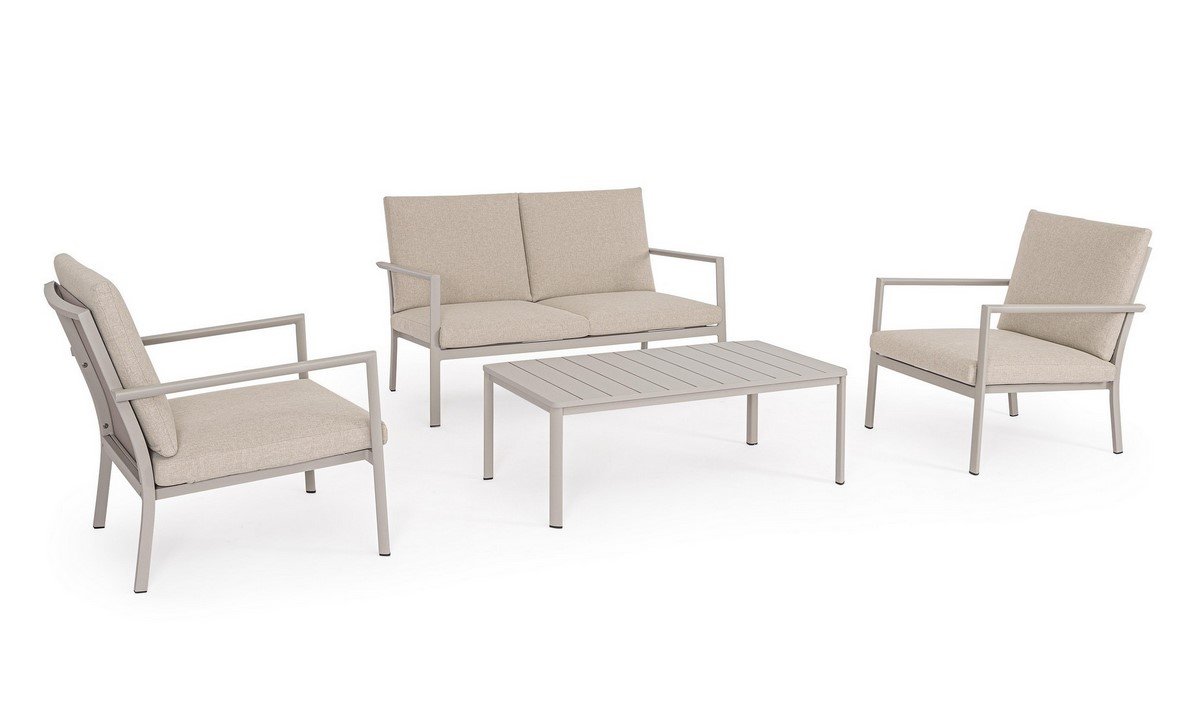 SET4 SALOTTO C-C KONNOR RASTIN - JOLLYGIUNCO Beige outdoor seating set with a sofa, two armchairs, and a slatted coffee table on a white background.