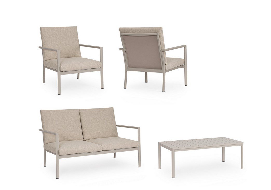 SET4 SALOTTO C-C KONNOR RASTIN1 - JOLLYGIUNCO Outdoor beige patio furniture set: two armchairs, a two-seat sofa, and a rectangular slatted coffee table with light gray frames and cushions.