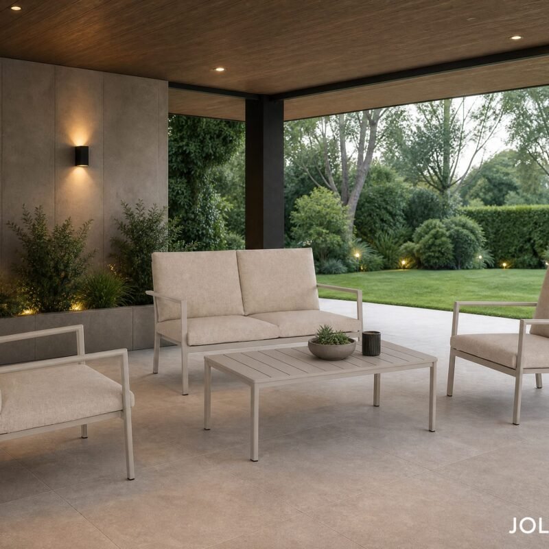 Outdoor covered patio with beige cushioned seating around a coffee table, potted plants, and a lush garden beyond.