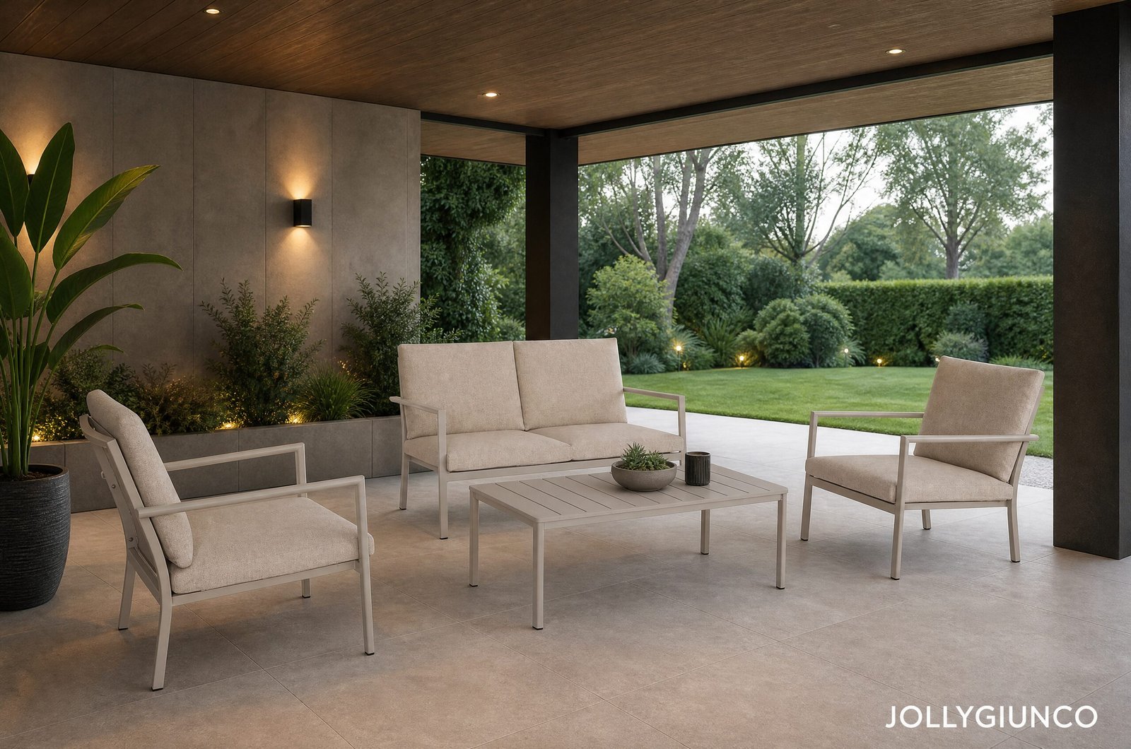 SET4 SALOTTO C-C KONNOR RASTIN10 - JOLLYGIUNCO Outdoor covered patio with beige cushioned seating around a coffee table, potted plants, and a lush garden beyond.
