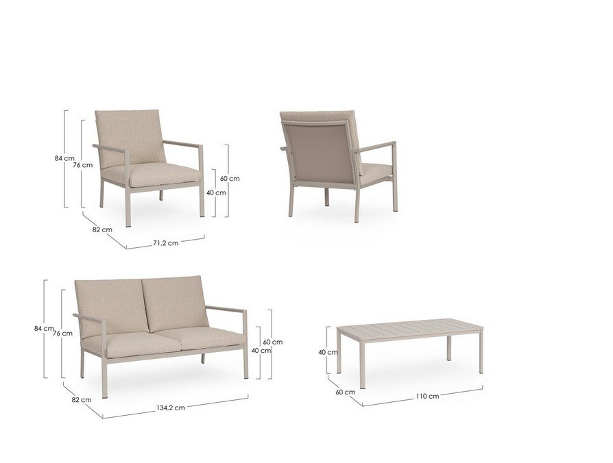 SET4 SALOTTO C-C KONNOR RASTIN2 - JOLLYGIUNCO Product layout of beige outdoor seating set with an armchair, a two-seat sofa, and a coffee table, shown with dimensions (cm) for height, width, and depth.