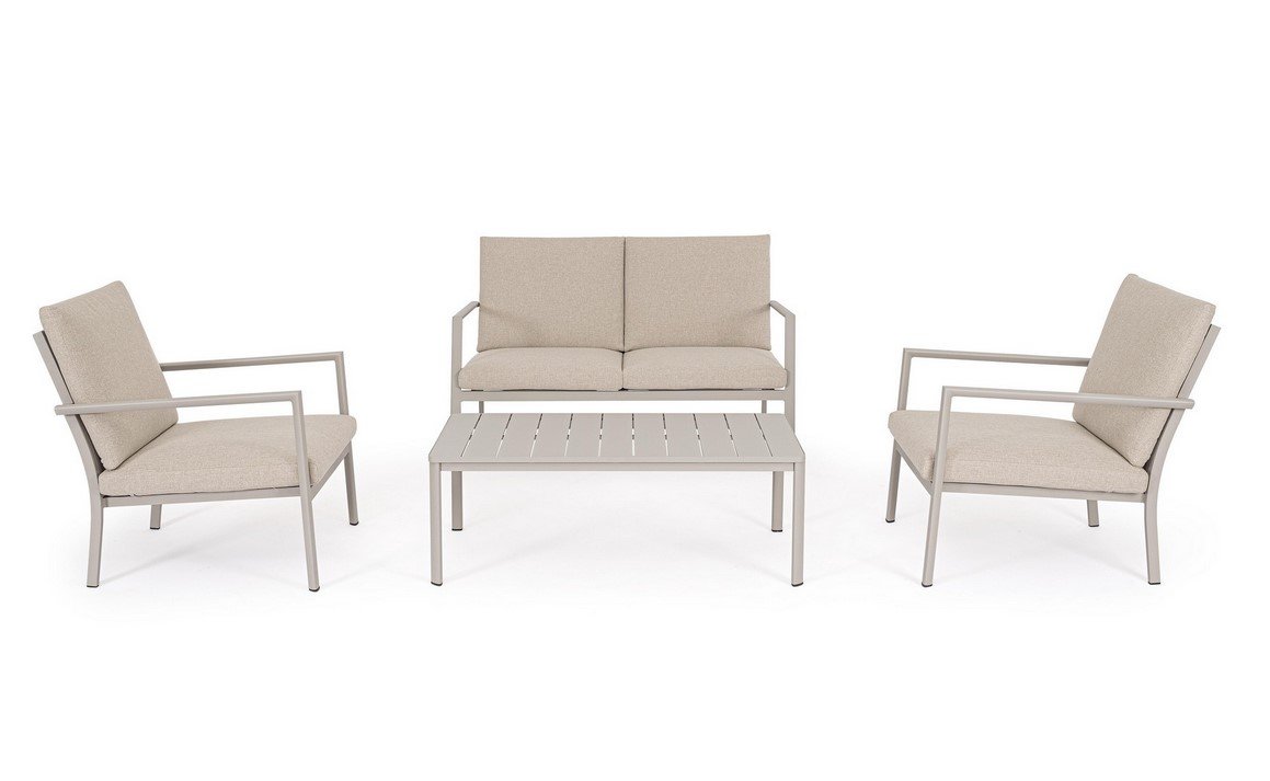 SET4 SALOTTO C-C KONNOR RASTIN3 - JOLLYGIUNCO Outdoor patio set with three beige-cushioned seats around a rectangular slatted coffee table.