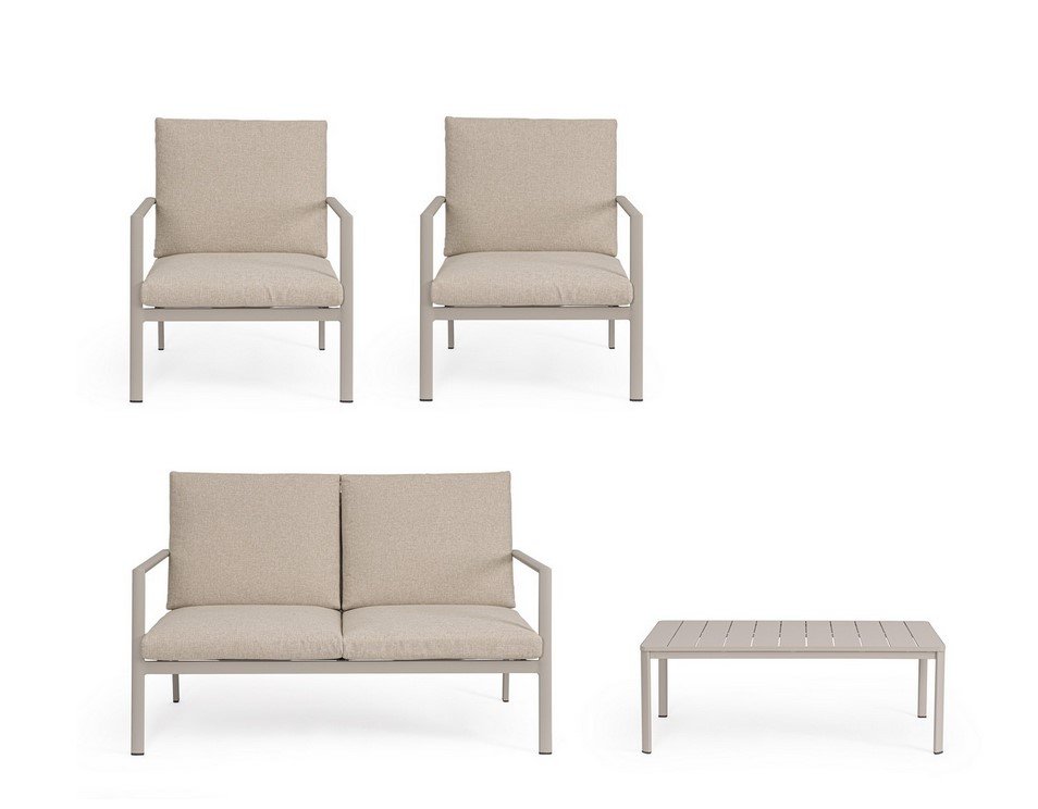 SET4 SALOTTO C-C KONNOR RASTIN4 - JOLLYGIUNCO Neutral outdoor lounge set with two armchairs, a two-seat sofa, and a rectangular slatted coffee table in beige fabric and light gray frame.