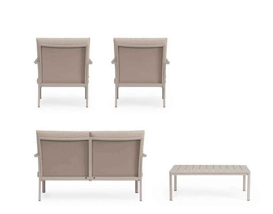 SET4 SALOTTO C-C KONNOR RASTIN5 - JOLLYGIUNCO Outdoor patio furniture set with two single chairs, a two-seat sofa, and a rectangular coffee table in beige tones, shown from the back.