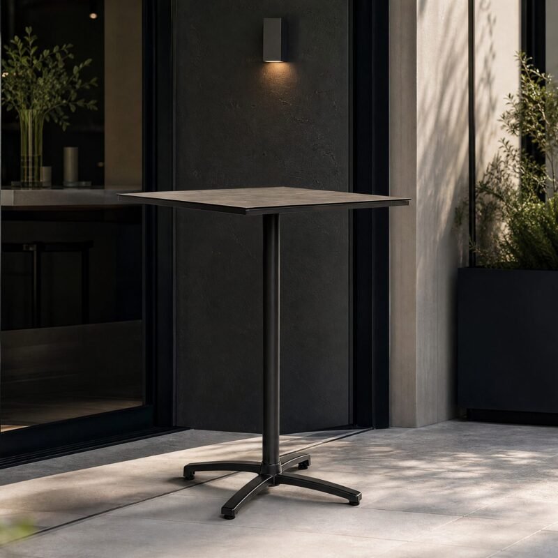 Outdoor black metal high table with square top on a sunlit tiled patio near a glass storefront, with greenery in planters nearby