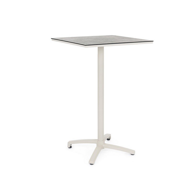 TAVOLO BAR ALTO CLARET 70X70 - JOLLYGIUNCO White adjustable-height pedestal table with a square gray marble top and a four-spoke wheeled base, ideal for standing use.