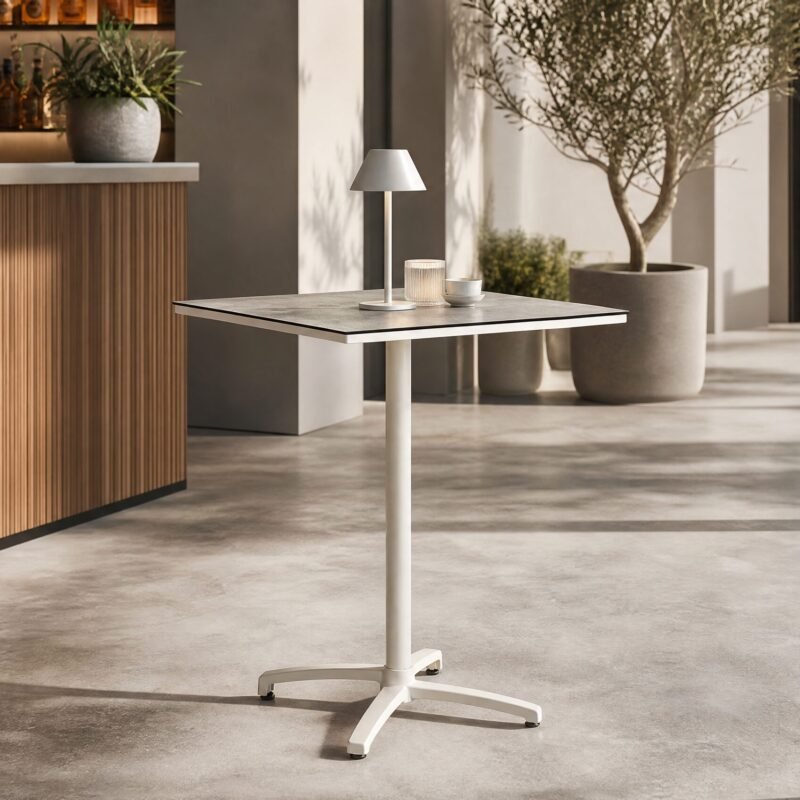 Minimalist indoor lounge with a small white adjustable-height pedestal table, lamp, glass and cup, a wooden slat bar on the left, and potted plants by large windows.