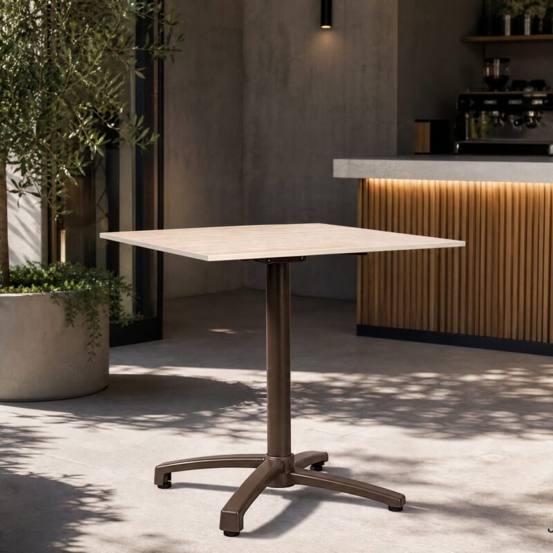 Outdoor cafe with a square, adjustable-height table in the foreground and a wooden slat bar counter in the background; potted trees on the left.