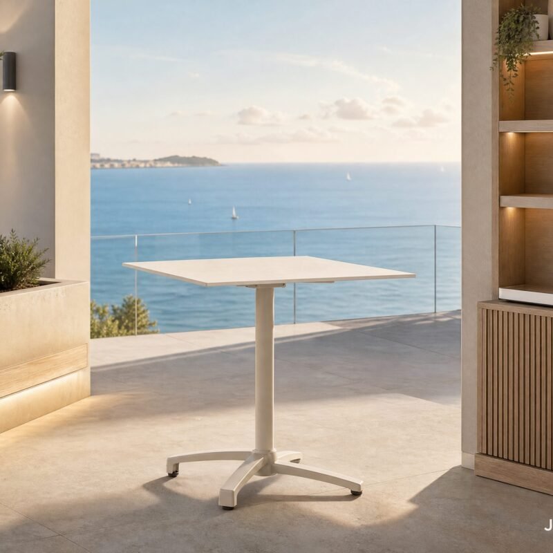 White adjustable-height table on a sunny seaside patio with built-in wood shelving displaying glassware and plates to the right, ocean view in the background.