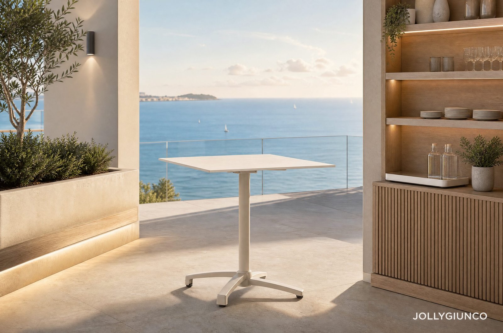 TAVOLO BAR CLARET 70X70 SINT WALL10 - JOLLYGIUNCO White adjustable-height table on a sunny seaside patio with built-in wood shelving displaying glassware and plates to the right, ocean view in the background.