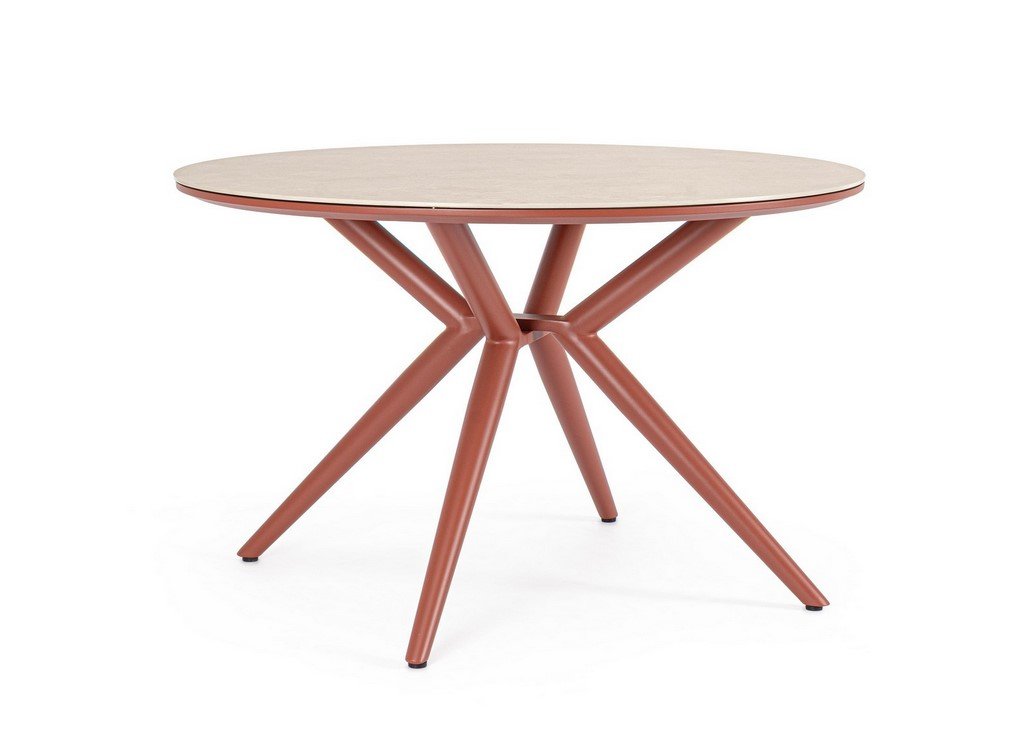 TAVOLO CABAS D120 RAME - JOLLYGIUNCO Round wooden table with a light “wood” top and terracotta-colored, angled legs forming an X-shaped base, set against a white background.