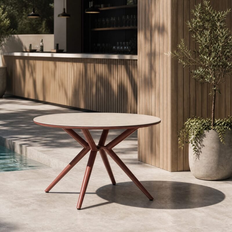 Modern poolside patio with a round pink table, wooden slat wall, and potted olive trees; calm outdoor setting with shadows.