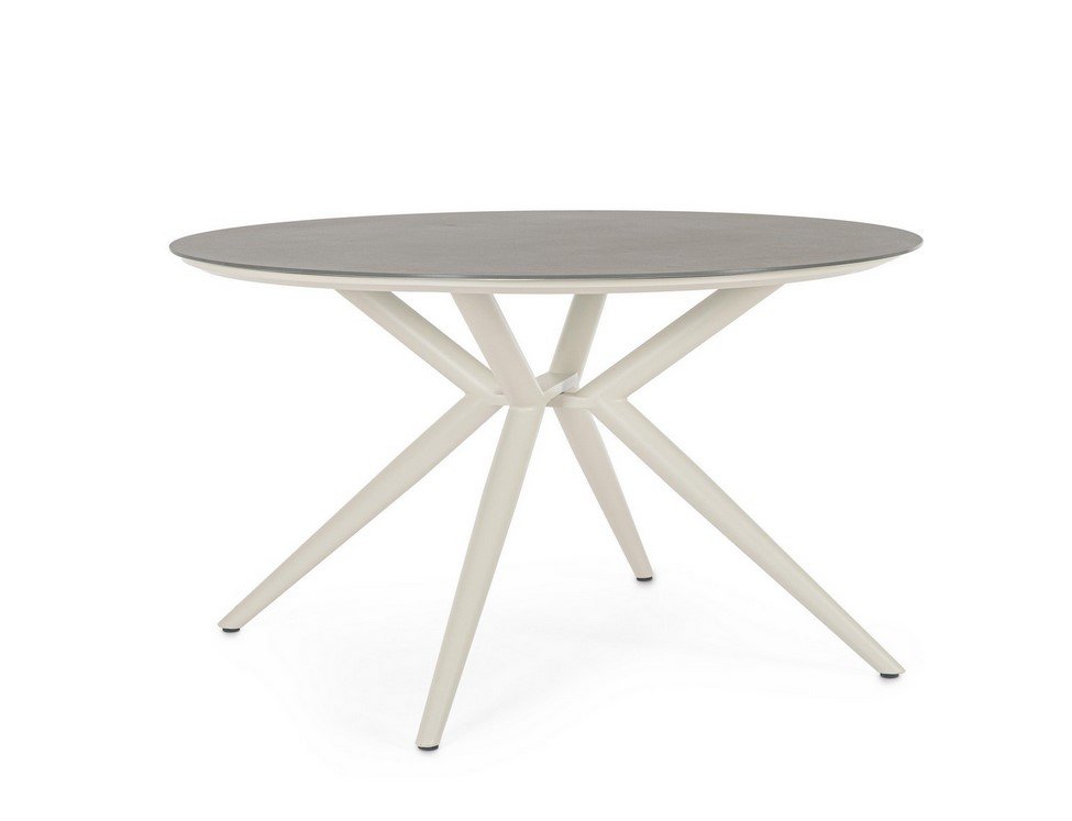 TAVOLO CABAS D130 - JOLLYGIUNCO Round table with a light gray top and white angled X-shaped legs, modern furniture piece as a centerpiece.