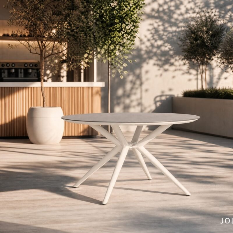 Outdoor patio scene with a round white table, wooden bar counter, potted tree, and greenery; watermark 'JOLLYGIUNCO' in the corner.