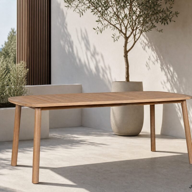 Minimalist outdoor patio scene featuring a wooden oval table and a potted tree, with soft shadows on a beige wall and a distant sea view in the background.