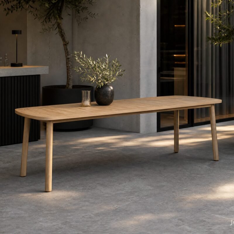 Outdoor modern cafe terrace with a wooden table, olive branch vase, and glass, against a concrete wall and bar counter on the left while plants frame the scene.
