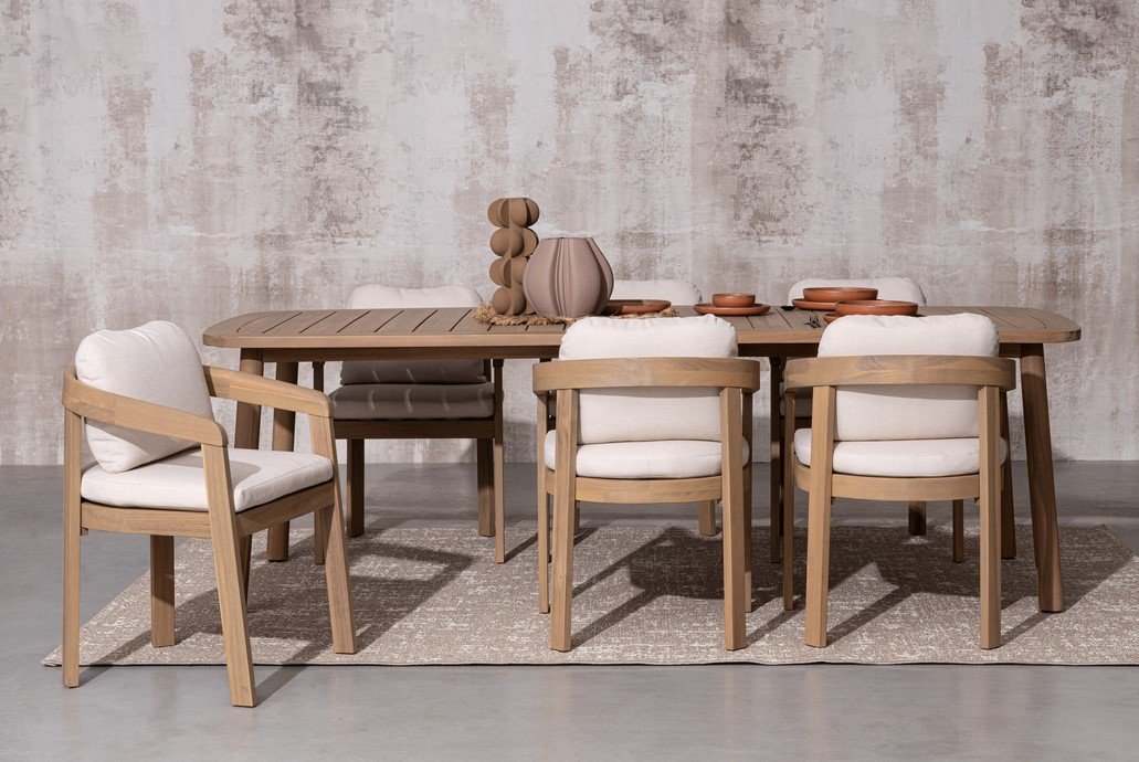 TAVOLO PABLO 240X1003 - JOLLYGIUNCO Wood dining table with six beige-cushioned chairs in a minimalist room, decorative vases in the center.