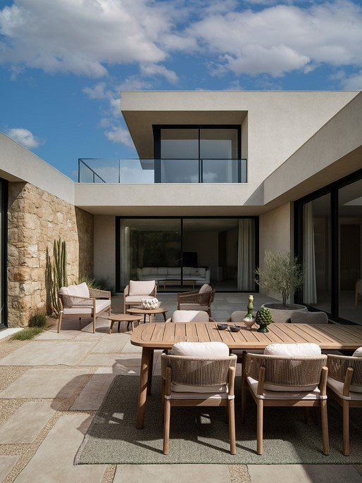 TAVOLO PABLO 240X1004 - JOLLYGIUNCO Modern house patio with a wooden dining table and cushioned chairs set on a stone deck under a clear blue sky