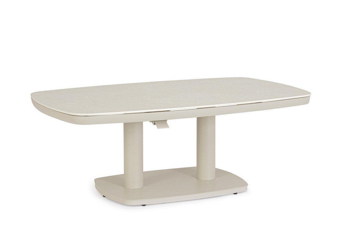 TAVOLO TALETE 135X83X51-72 PELICAN1 - JOLLYGIUNCO Cream-colored height-adjustable dining table with two pedestal legs and a lever in the middle underside