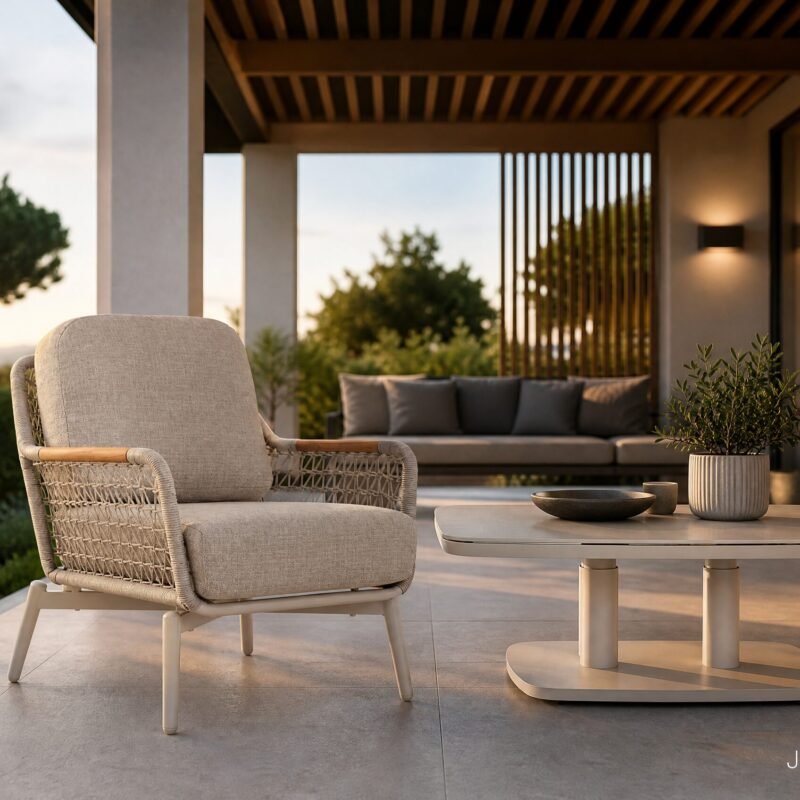 Outdoor patio scene with beige cushioned chair, white table, and potted plant on tiled floor at sunset, modern lounge area in background.