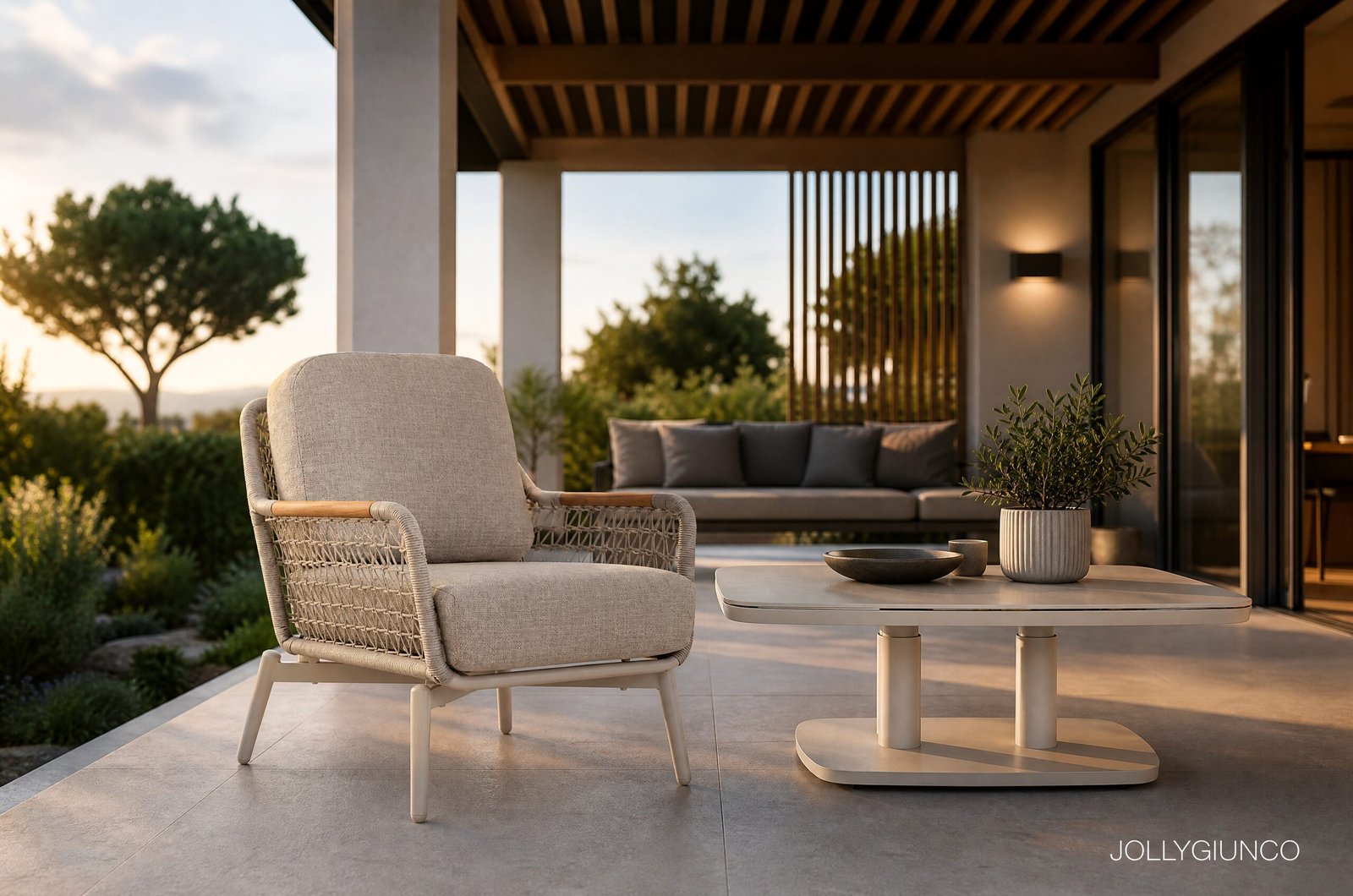 TAVOLO TALETE 135X83X51-72 PELICAN10 - JOLLYGIUNCO Outdoor patio scene with beige cushioned chair, white table, and potted plant on tiled floor at sunset, modern lounge area in background.