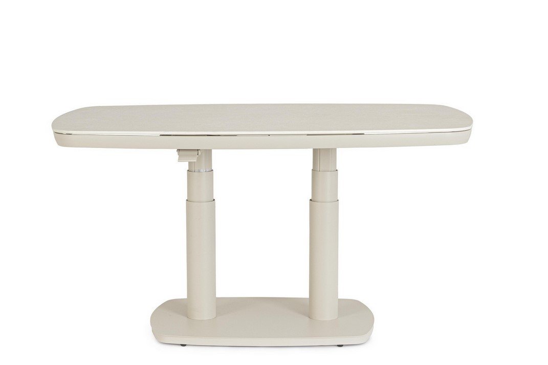 TAVOLO TALETE 135X83X51-72 PELICAN2 - JOLLYGIUNCO Beige ironing board with rounded rectangular top and dual pedestal legs on a base stand.