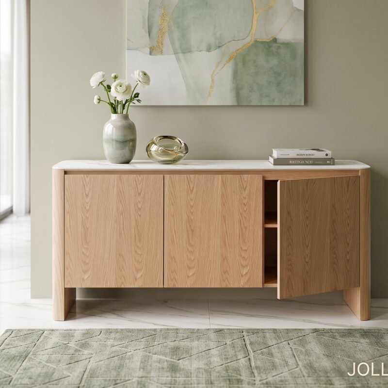 Wooden sideboard with a white marble top in a bright living room; right door open to reveal shelves, vase with white flowers on top.